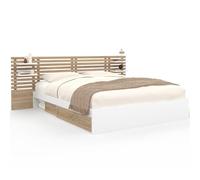 Lit double SAVANA avec tête de lit, chevets, rangements et sommier 160 x 200 cm façon hêtre et blanc