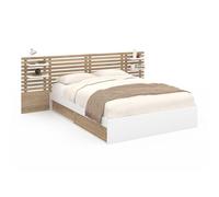 IDMarket - Lit Double Savana avec tête de lit, chevets, rangements et sommier 140 x 190 cm hêtre et Blanc