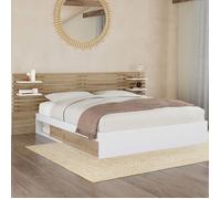 Lit double SAVANA avec tête de lit, chevets, rangements et sommier 160 x 200 cm façon hêtre et blanc