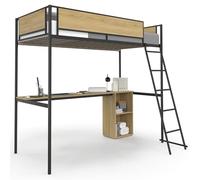 Lit mezzanine simple DETROIT avec bureau et rangements 90 x 190 cm design industriel