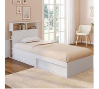IDMARKET Lit simple CLEM avec rangement, tête de lit et sommier 90 x 190 cm blanc et hêtre
