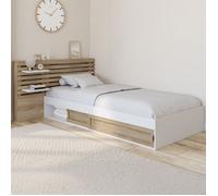 Lit simple SAVANA avec tête de lit, chevets, rangements et sommier 90 x 190 cm façon hêtre et blanc