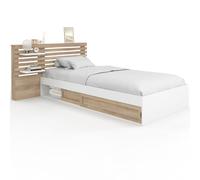 IDMarket - Lit simple SAVANA - sommier 90 x 190 cm, chevets et rangements - façon hêtre/blanc