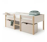 IDMarket – Lit surélevé SERVANE mi-hauteur 90x190 cm, sommier, 2 tiroirs, tablette, beige/bois