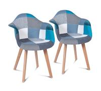 IDMarket Lot de 2 fauteuils SARA scandinaves motifs patchwork bleus