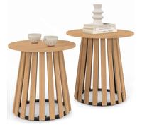 IDMarket - Lot de 2 Tables d'appoint Rondes, Bouts de canapé, Tables de Chevet Carmen 40/45 cm Pied Bois en Lattes et Plateau Bois