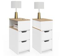 IDMarket - Lot de 2 tables de chevet étroites ANOUK blanc et bois | Avec 2 tiroirs avec 1 niche latérale réversible