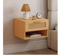 IDMarket – Lot de 2 tables de chevet murales Robert 1 tiroir niche effet naturel cannage et bois
