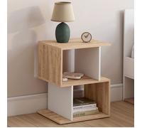 IDMARKET Lot de 2 tables de chevet SOFIA forme S avec rangements ouverts effet hêtre et blanc