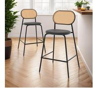 IDMARKET Lot de 2 tabourets de bar vintage CLOTILDE en métal noir et dossier cannage