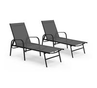 IDMarket - Lot de 2 transats Fidji en Acier Noir et Toile Gris Anthracite | Pour jardin, inclinables, en acier