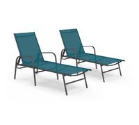 IDMarket - Lot de 2 transats de Jardin inclinables Fidji en Acier Gris Anthracite et Toile Bleu Canard
