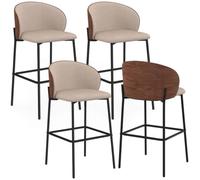 IDMarket – Lot de 4 tabourets de bar PENNY – Tissu taupe, dossier effet noyer, piétement métal noir