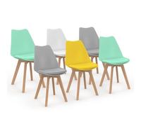 IDMarket - Lot de 6 chaises scandinaves SARA Mix Color Pastel | Coloris jaune, blanc, gris clair x2, vert mentholé x2