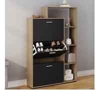 IDMarket – Meuble à chaussures KLARK – 18 paires – imitation hêtre – 3 portes noires avec étagère