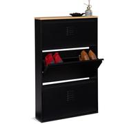 IDMarket - Meuble à Chaussures 9 Paires Ester métal Noir et Plateau Bois | Design industriel, 3 portes abattantes
