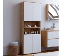 Meuble colonne salle de bain TOMI 4 portes 2 niches façon hêtre et blanc