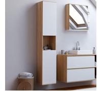 IDMARKET Meuble colonne salle de bain suspendu TOMI 2 portes 1 niche façon hêtre et blanc