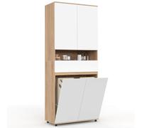 Meuble colonne salle de bain TOMI 4 portes 2 paniers à linge amovibles 1 tiroir façon hêtre et blanc