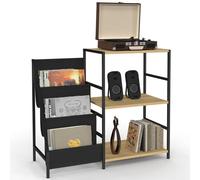 Meuble d'appoint, rangement avec étagères, supports vinyles et platine NEVIL design industriel Noir
