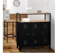 IDMarket Meuble de bar buffet ESTER 3 portes en métal noir plateau bois façon hêtre
