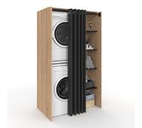 IDMarket - Meuble de buanderie Double Machine à Laver avec Rideau Coulissant Wallis Bois façon hêtre et Noir