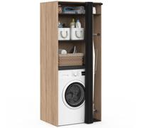 IDMarket - Meuble de buanderie machine à laver | avec rideau coulissant emplacement table à repasser WALLIS bois façon hêtre et noir