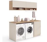 IDMarket - Meuble de buanderie Machine à Laver et sèche-Linge TOMI avec Plan de Travail L. 180 cm et placards Beige et Bois