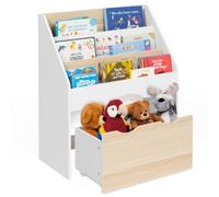 IDMarket Meuble bibliothèque enfant MANA 3 étagères 1 bac sur roulettes Blanc/Hêtre