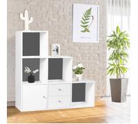 IDMARKET Meuble de rangement en escalier LIAM 3 niveaux bois blanc fond gris avec porte et tiroirs