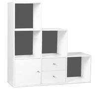 IDMarket - Meuble de Rangement en escalier Liam 3 Niveaux Bois Blanc Fond Gris avec Porte et tiroirs