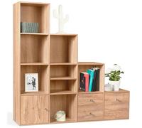 IDMarket - Meuble de Rangement en escalier Liam 4 Niveaux Bois façon hêtre avec Porte et tiroirs