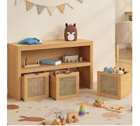 IDMARKET Meuble de rangement enfant EDHEN bois et cannage 3 tiroirs cubes sur roulettes