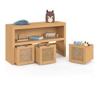 IDMarket Meuble de rangement enfant EDHEN bois et cannage 3 tiroirs cubes sur roulettes