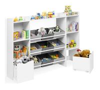IDMarket - Meuble de Rangement Enfant Mana Blanc | Avec 7 étagères + 2 tiroirs cubes sur roulettes + 9 bacs en tissu gris clair et gris foncé