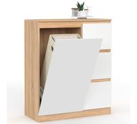 IDMarket - Meuble de Rangement Salle de Bain TOMI 1 Porte avec Panier à Linge Amovible 3 tiroirs façon hêtre et Blanc