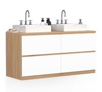 IDMarket - Meuble Double Vasque Suspendu Salle de Bain TOMI 120 cm 4 tiroirs façon hêtre et Blanc