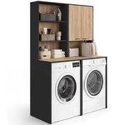 IDMarket - Meuble pour 2 Machines à Laver Wallis avec Placard et étagères Noir et Bois façon hêtre