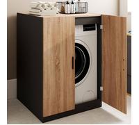 IDMARKET Meuble pour machine à laver avec portes WALLIS noir et bois façon hêtre
