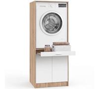IDMarket - Meuble réhausseur Machine à Laver ou sèche-Linge Wallis | Plateau coulissant pour panier à linge et placard coloris bois et blanc