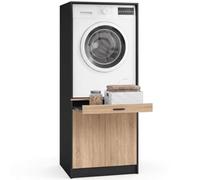IDMarket - Meuble réhausseur Machine à Laver ou sèche-Linge Wallis | Plateau coulissant pour panier à linge et placard coloris noir et bois