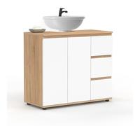 IDMarket - Meuble sous lavabo Salle de Bain TOMI avec Placard et 3 tiroirs façon hêtre et Blanc