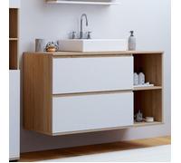 IDMARKET Meuble sous vasque suspendu salle de bain TOMI 2 tiroirs et 2 niches façon hêtre et blanc
