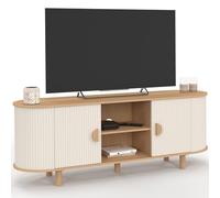 IDMarket - Meuble TV 140 cm KANEL 2 Portes Effet cannelé Beige et Bois