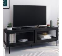 IDMarket - Meuble TV 140 cm ZINEB 2 Portes coulissantes vitrées façade cannelée Noir