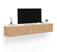 IDMarket Meuble TV suspendu Juliette 180 cm 2 portes plateau effet marbre lattes tasseau bois chêne