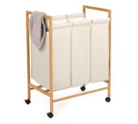 IDMarket - Panier à linge 3 compartiments bambou RITA en tissu | Coloris écru, avec roulettes