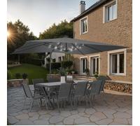 Parasol Déporté Inclinable Rotatif 360 Calvi Led Gris 3x4 M Avec 4 Dalles Et Housse