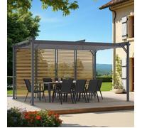 IDMARKET Pergola édition collector persiennes horizontales effet bois et toit rétractable 3x4M 4 pans modulables gris anthracite