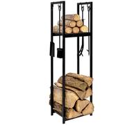 IDMarket - Range bûches vertical acier noir H.112 cm pour cheminée | Avec 2 étagères et accessoires